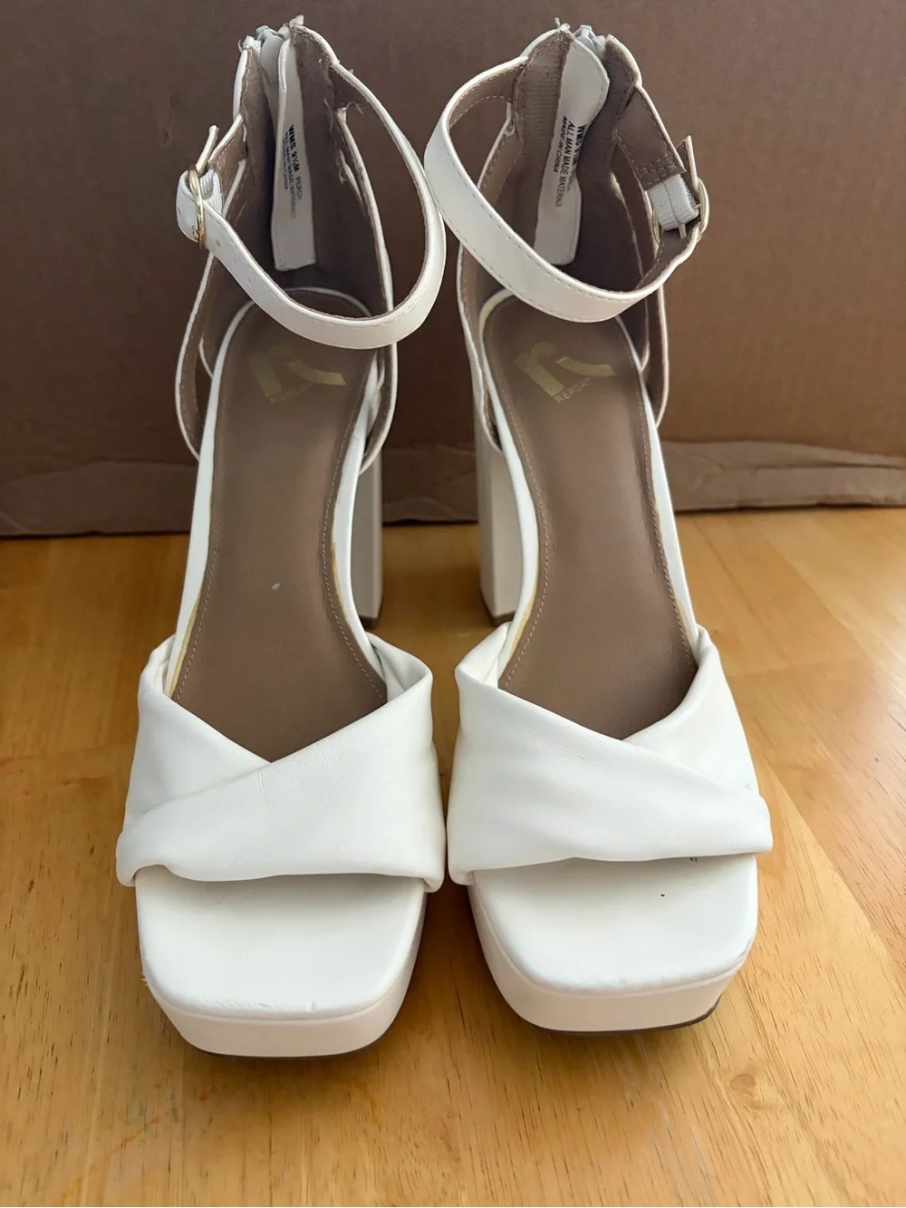 Report White Twisted Front Platform Ankle-Strap Block Heels